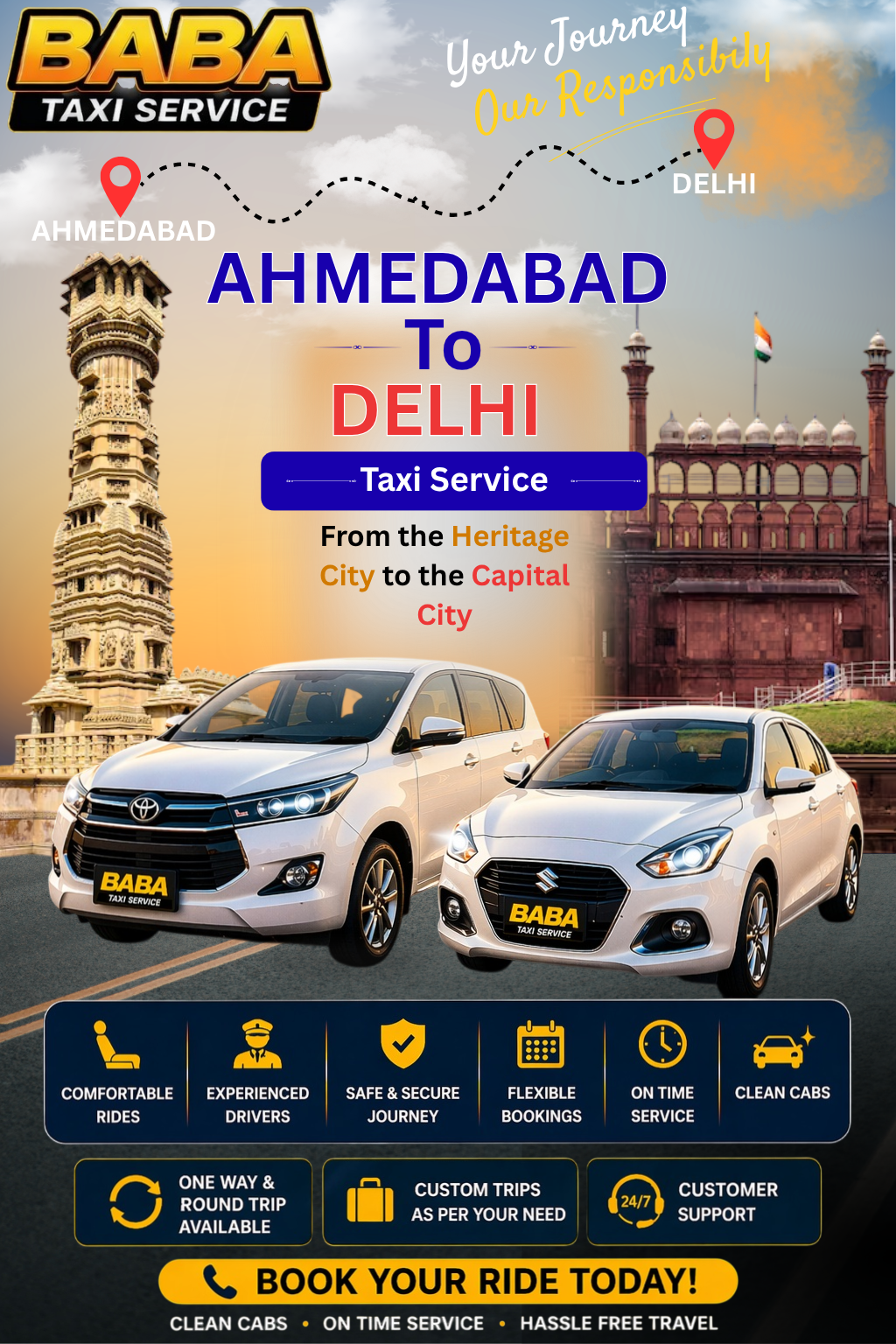 Ahmedabad to Delhi taxi service – AC one way cab booking