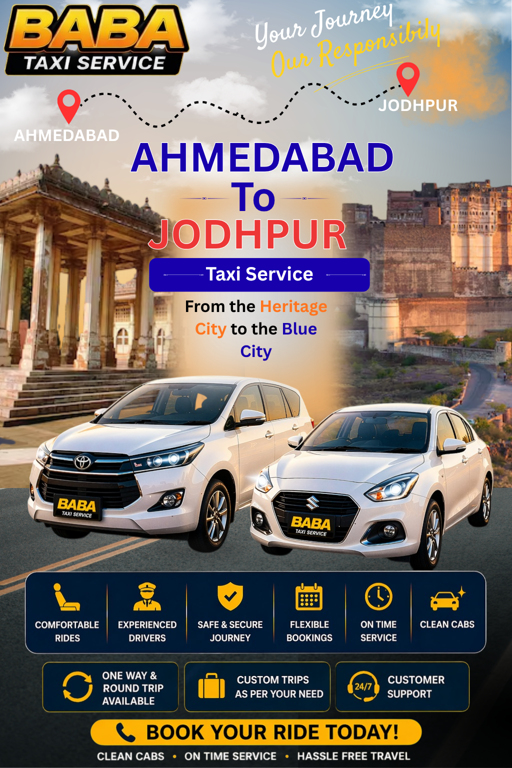 Ahmedabad to Jodhpur taxi service – AC one way cab booking
