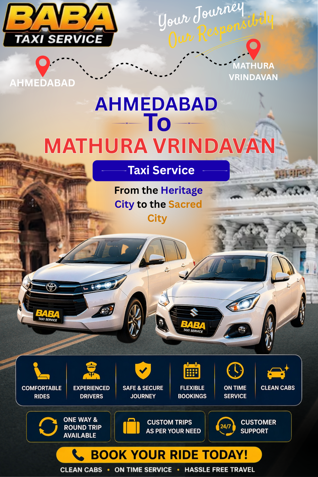 Ahmedabad to Mathura Vrindavan taxi service – AC one way cab booking