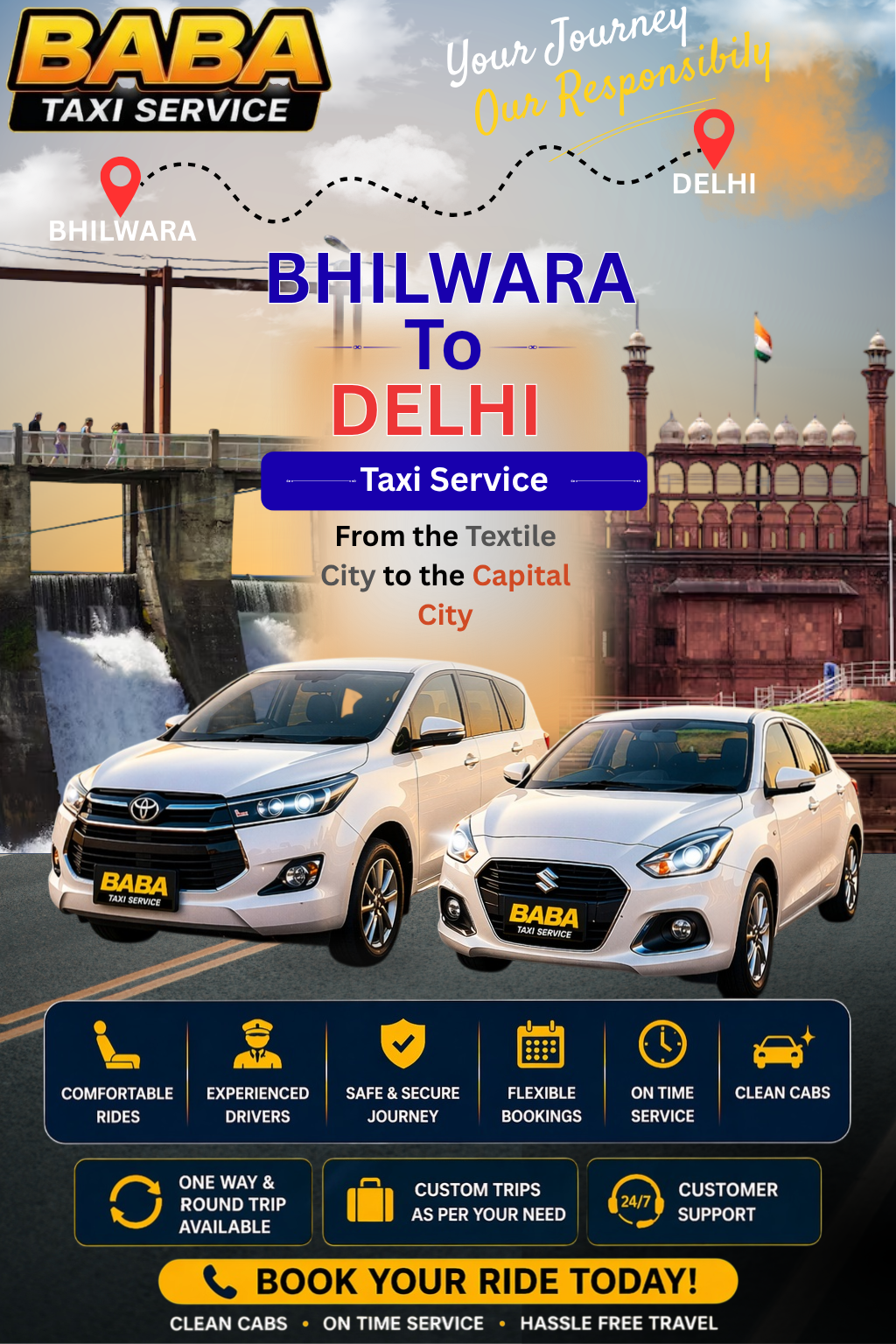 Bhilwara to Delhi taxi service – AC one way cab booking