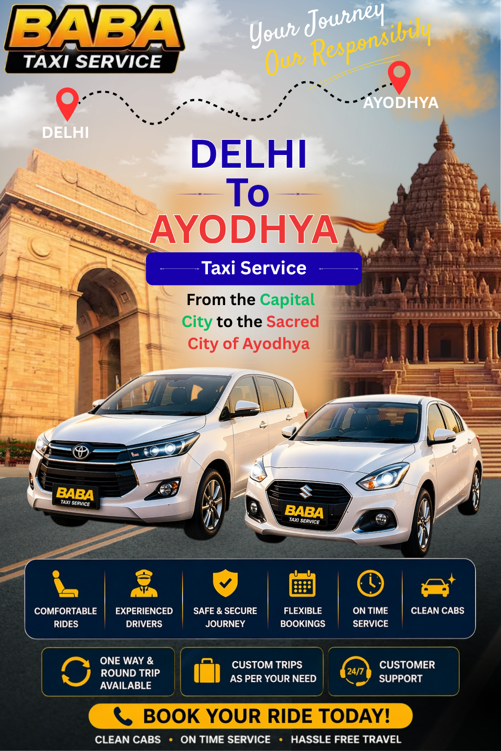 Delhi to Ayodhya taxi service – AC one way cab booking