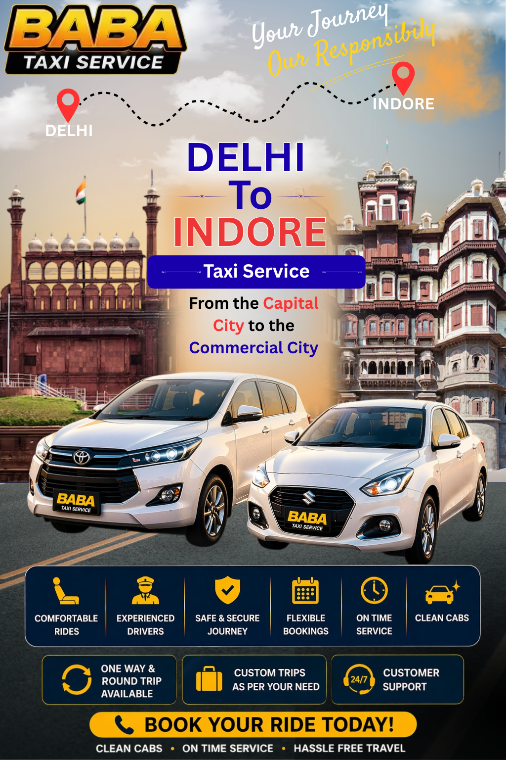 Delhi to Indore taxi service – AC one way cab booking
