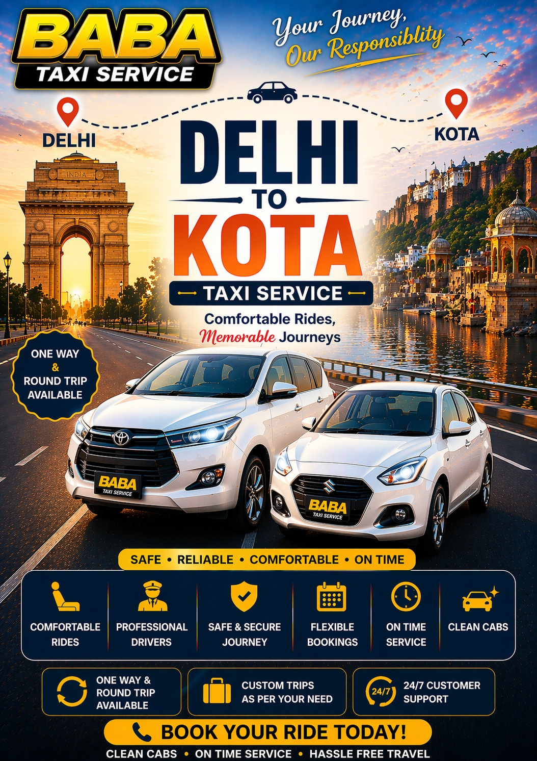 Delhi to Kota taxi cab service – AC one way cab