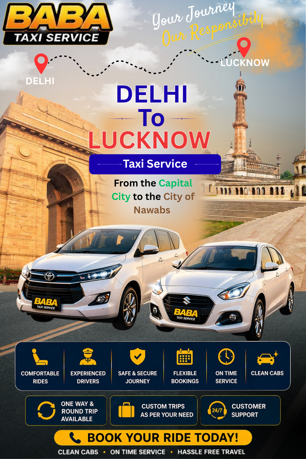 Delhi to Lucknow taxi service – AC one way cab booking