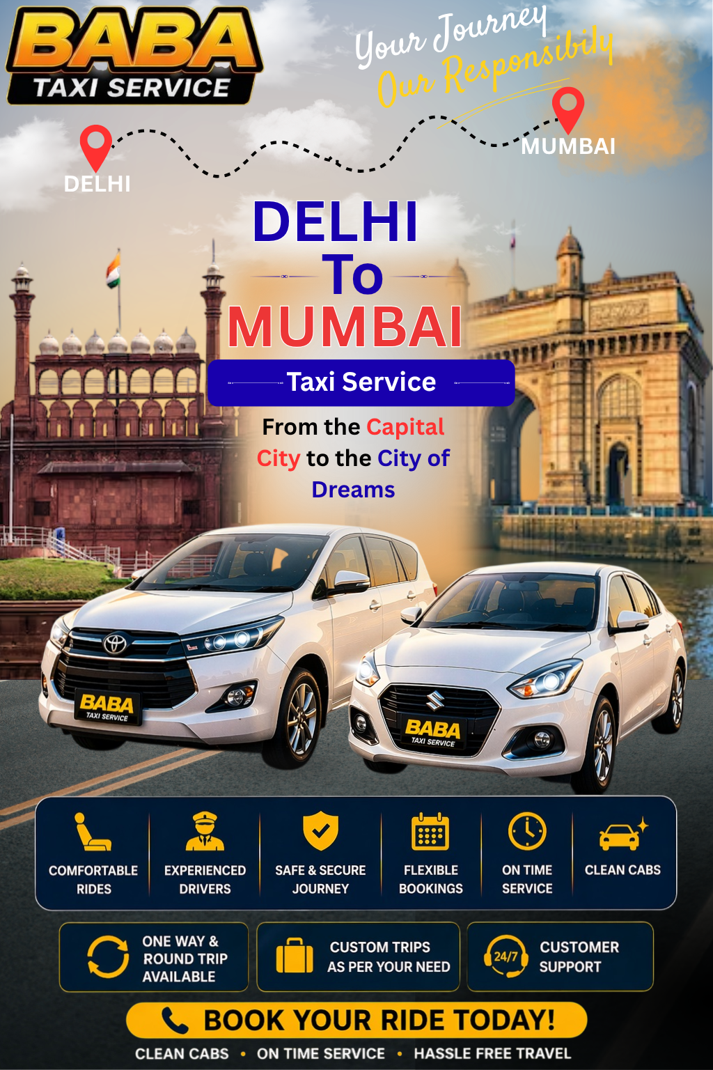 Delhi to Mumbai taxi service – AC one way cab booking