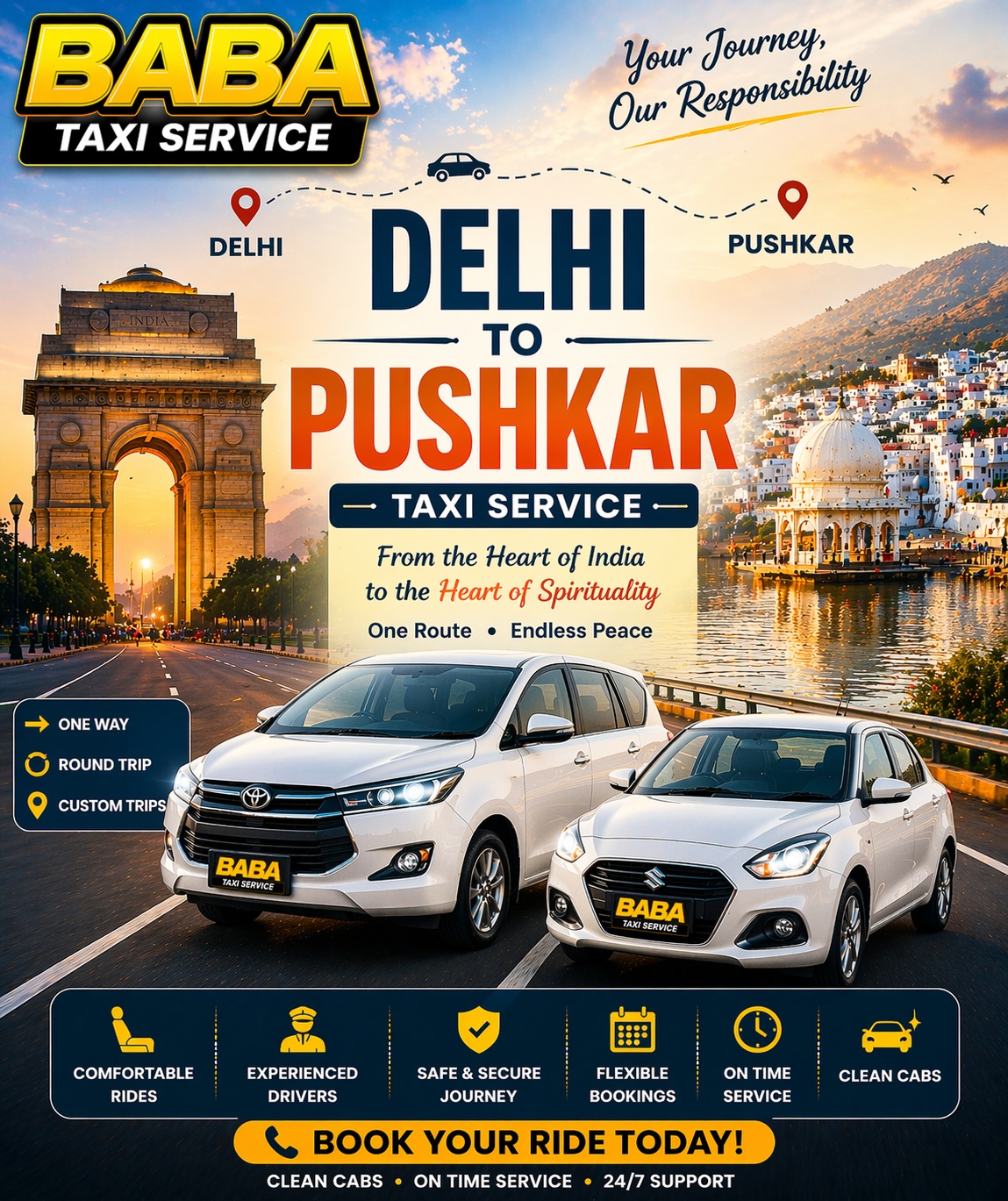 Delhi to Pushkar taxi cab service – AC one way cab