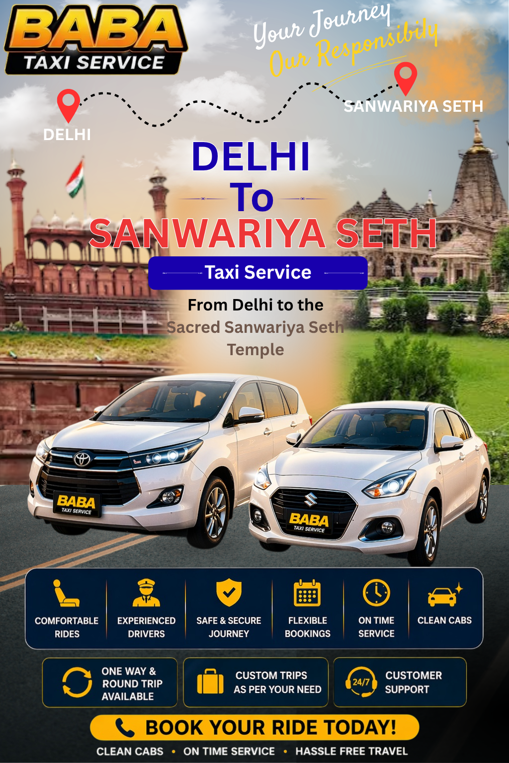 Delhi to Sanwariya Seth taxi service – AC one way cab booking