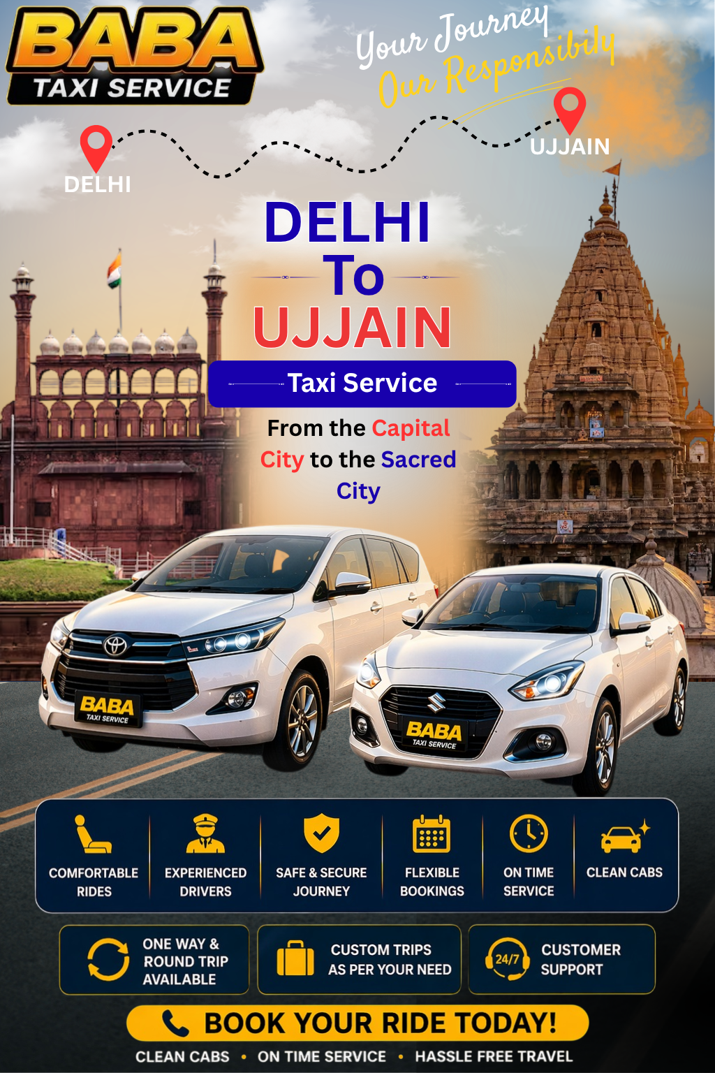 Delhi to Ujjain taxi service – AC one way cab booking