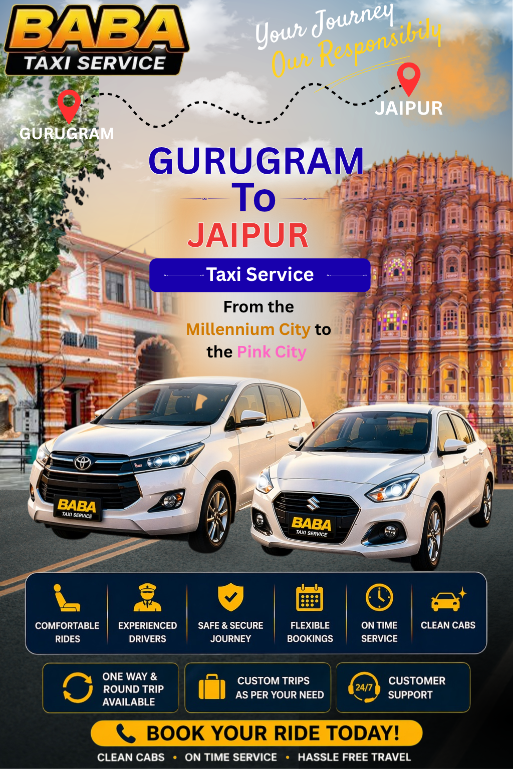 Gurugram to Jaipur taxi service – AC one way cab booking
