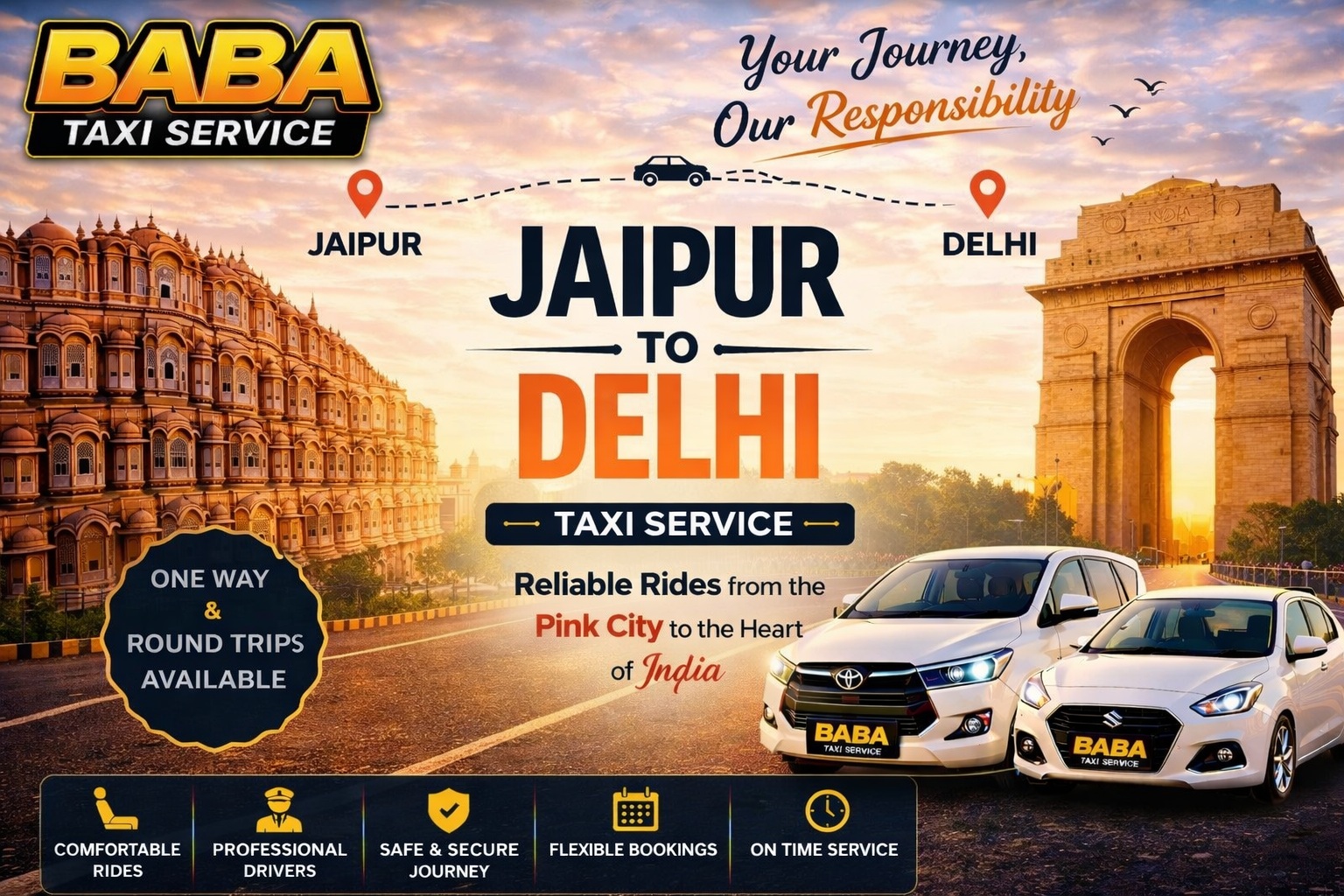 Jaipur to Delhi taxi service – AC one way cab booking