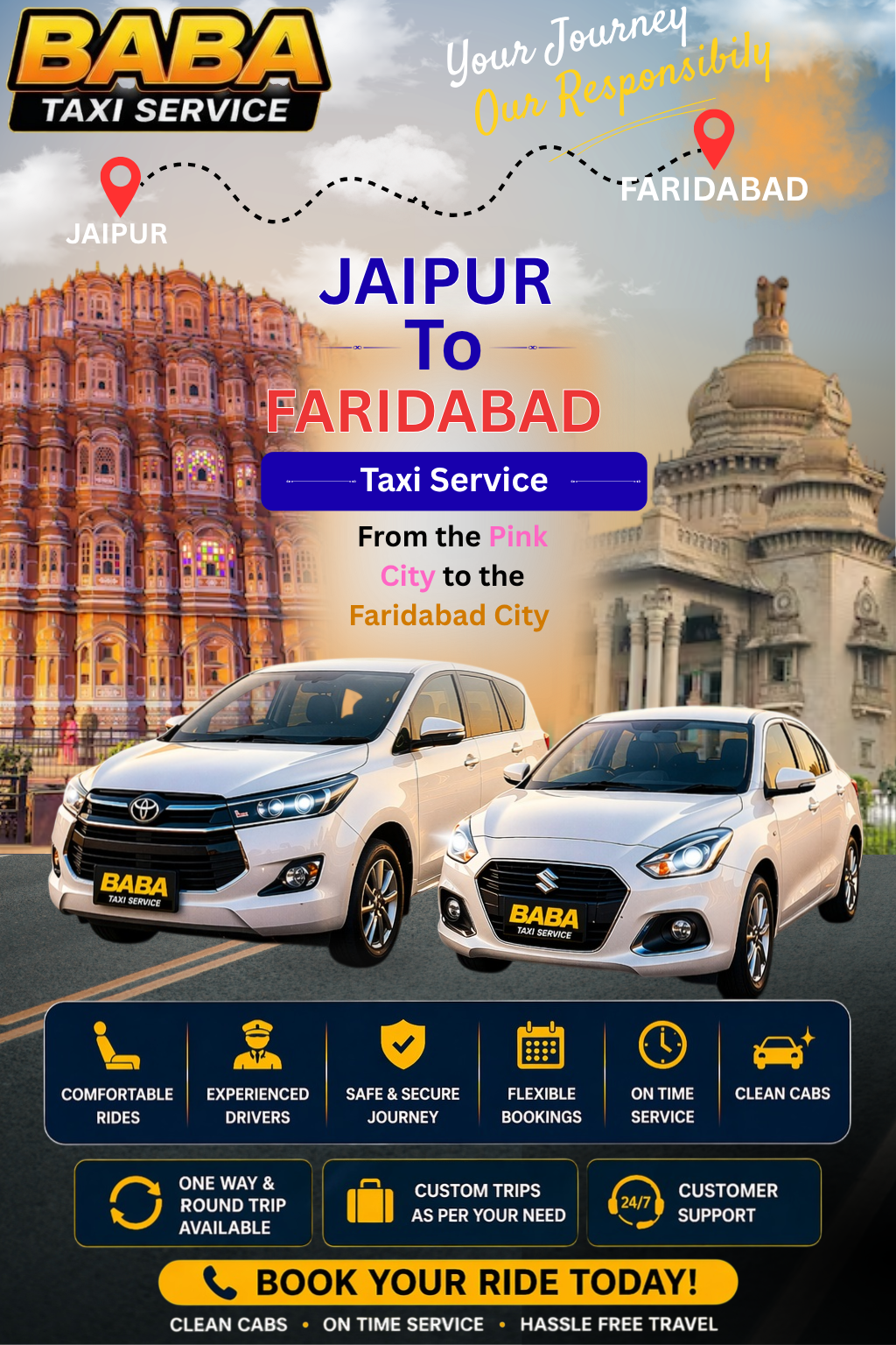Jaipur to Faridabad taxi service – AC one way cab booking