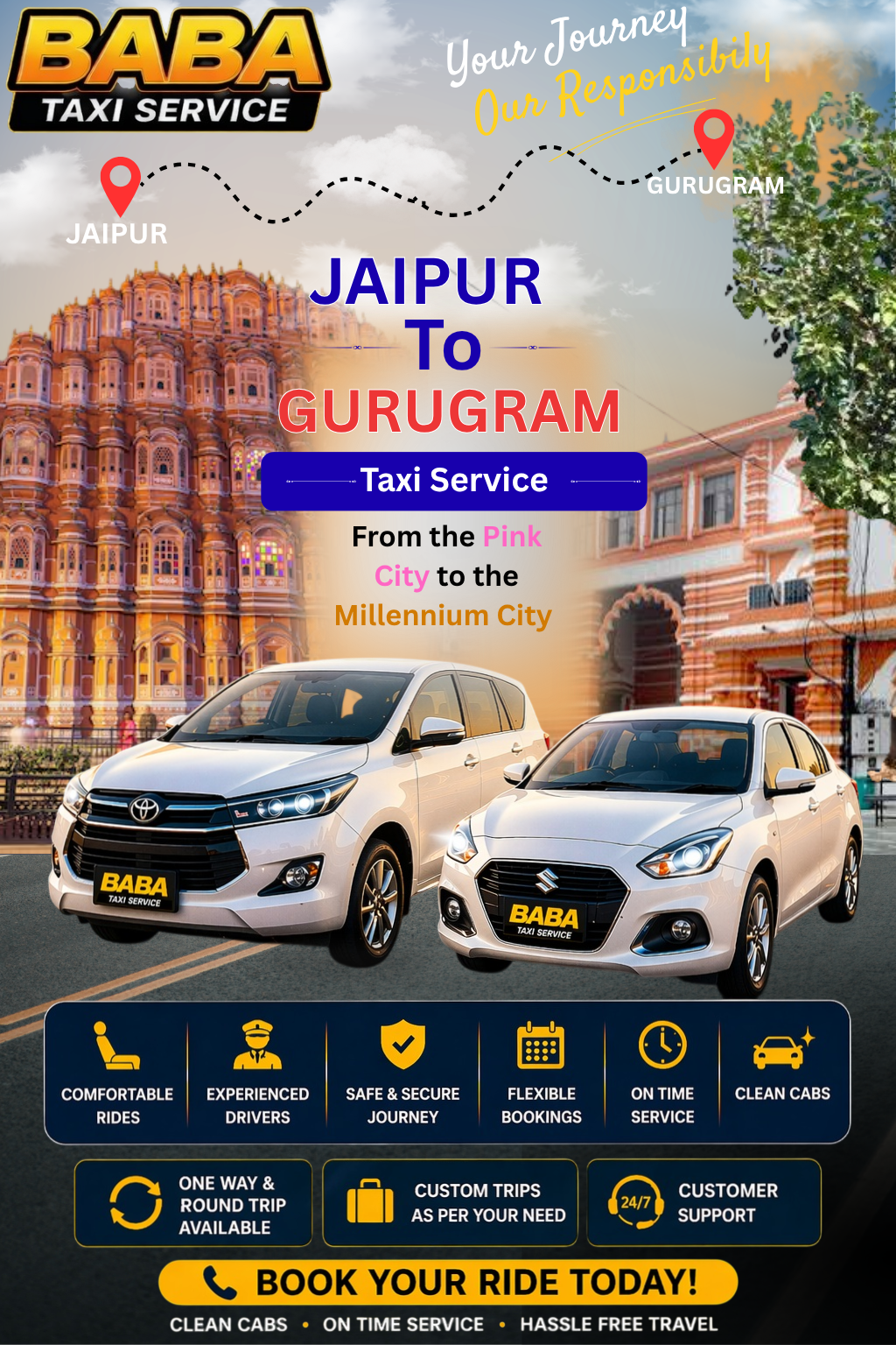 Jaipur to Gurugram taxi service – AC one way cab booking