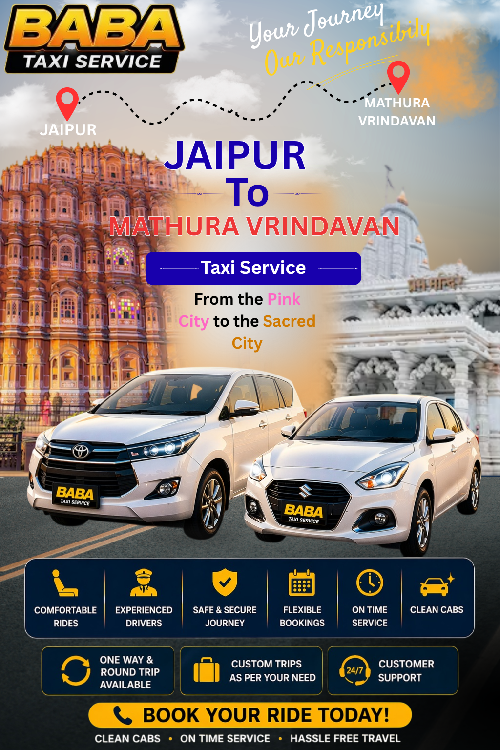 Jaipur to Mathura Vrindavan taxi service – AC one way cab booking