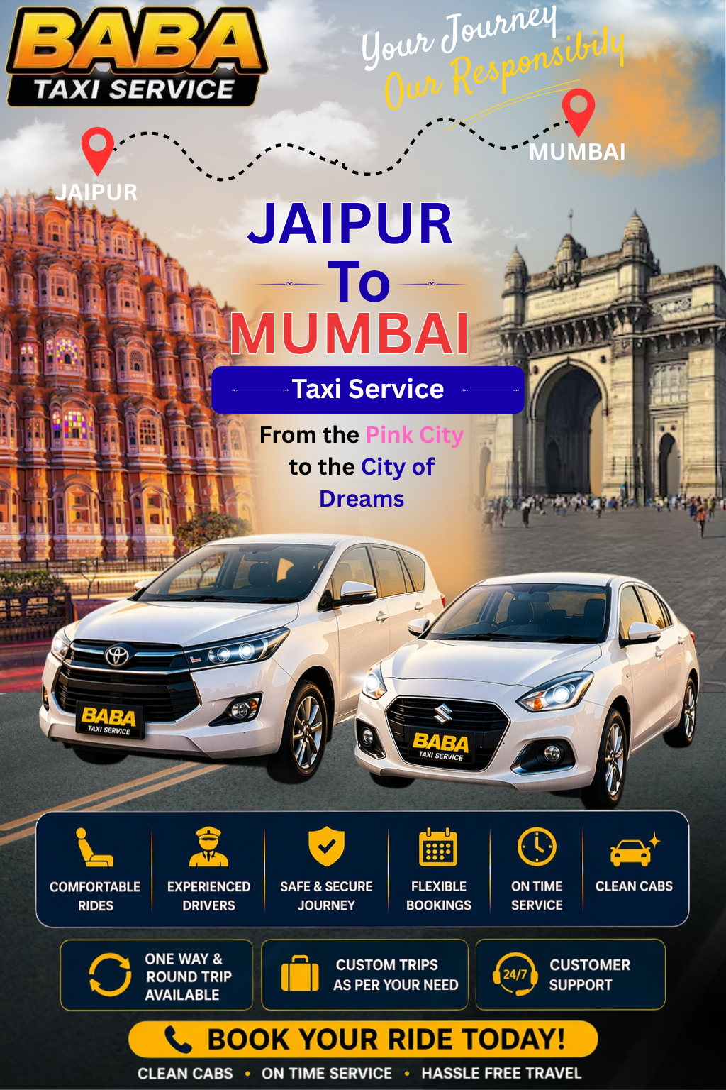 Jaipur to Mumbai taxi service – AC one way cab booking