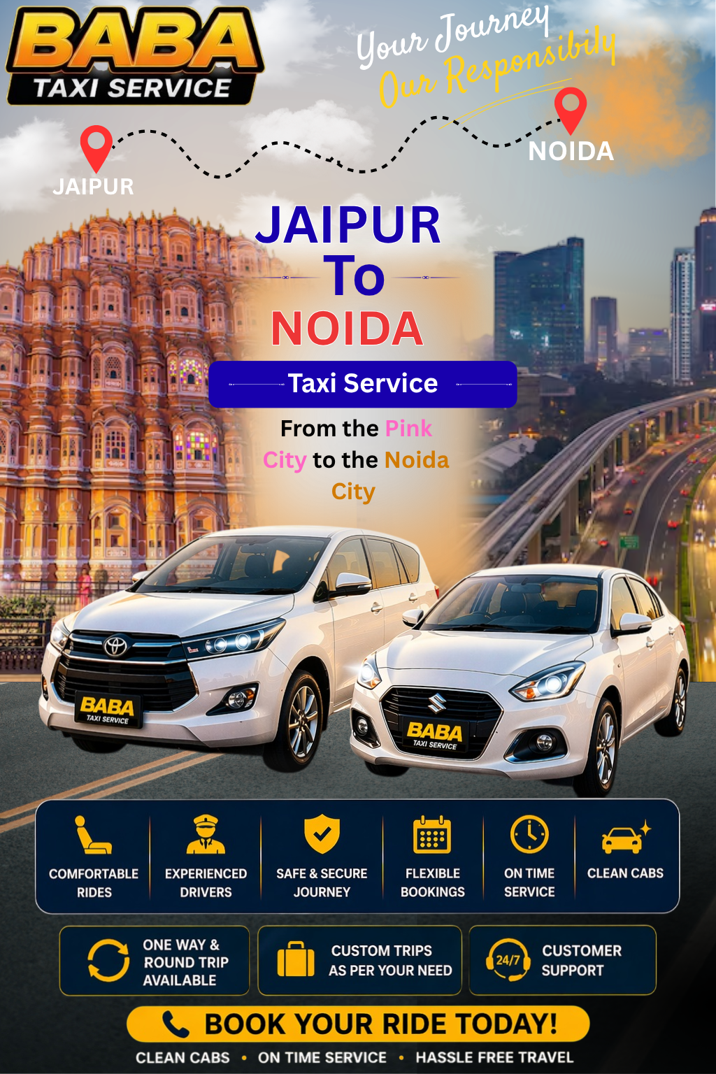 Jaipur to Noida taxi service – AC one way cab booking