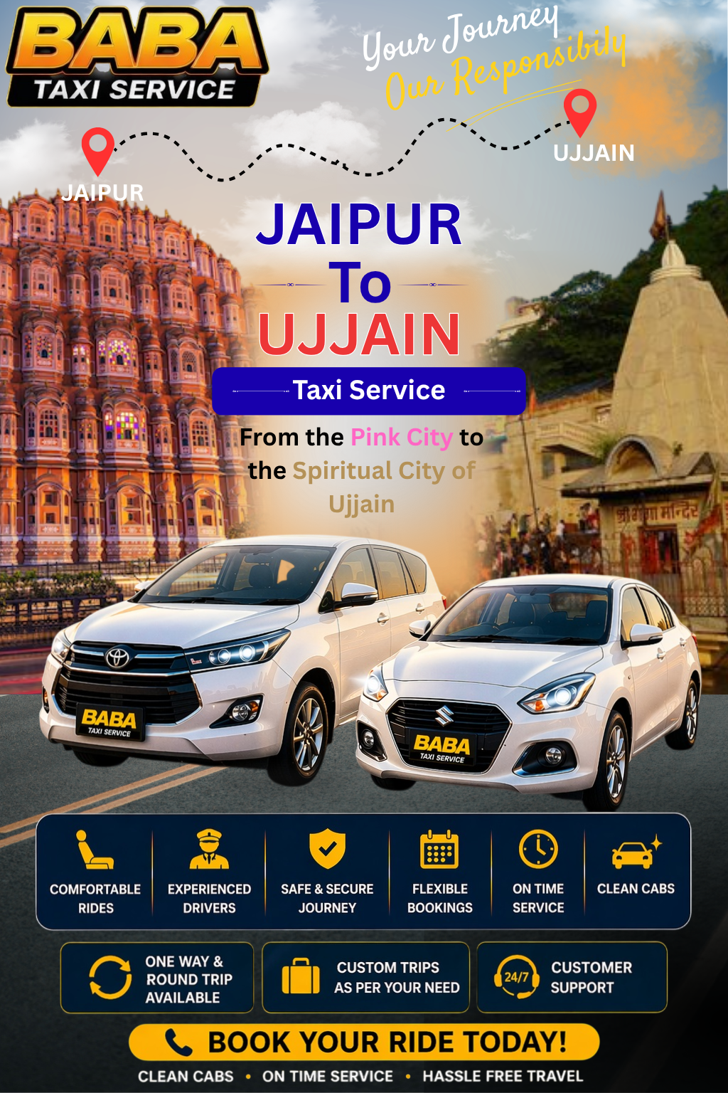 Jaipur to Ujjain taxi service – AC one way cab booking