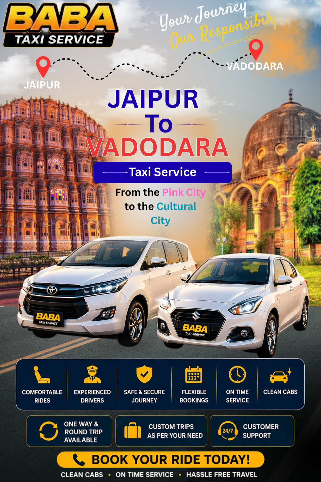 Jaipur to Vadodara taxi service – AC one way cab booking