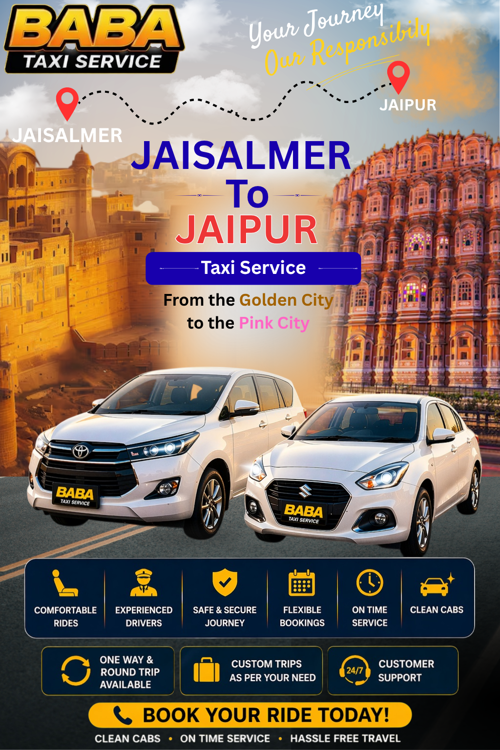Jaisalmer to Jaipur taxi service – AC one way cab booking