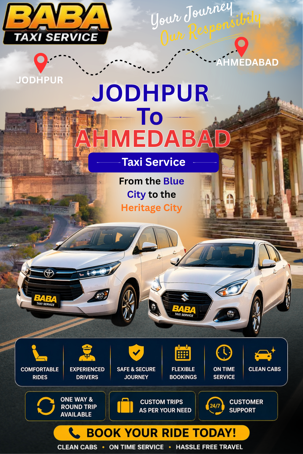 Jodhpur to Ahmedabad taxi service – AC one way cab booking