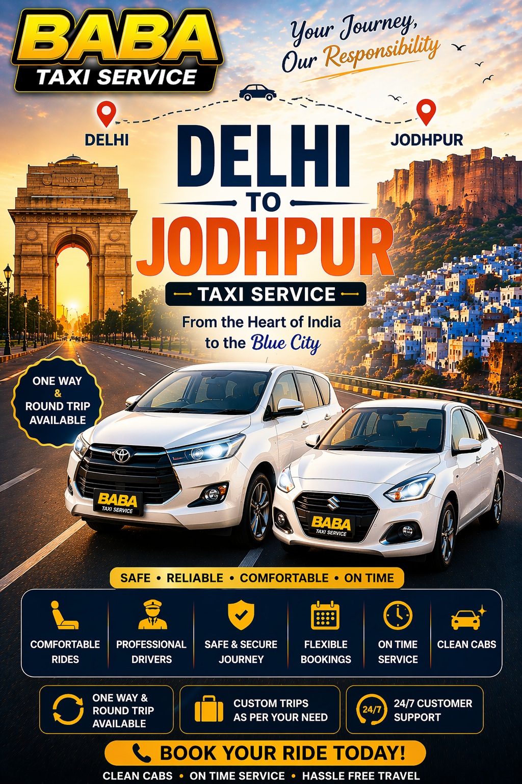 Jodhpur to Delhi taxi cab service – AC one way cab