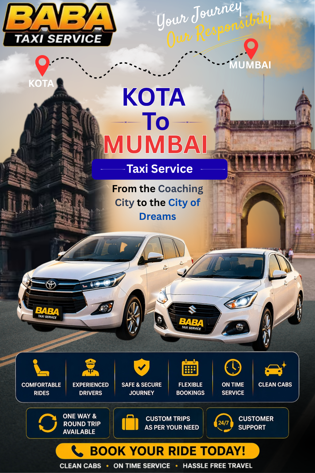 Kota to Mumbai taxi service – AC one way cab booking