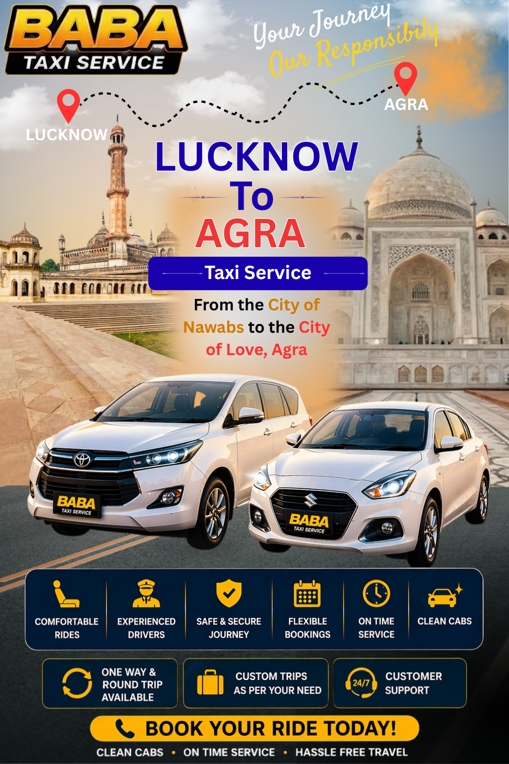 Lucknow to Agra taxi service – AC one way cab booking