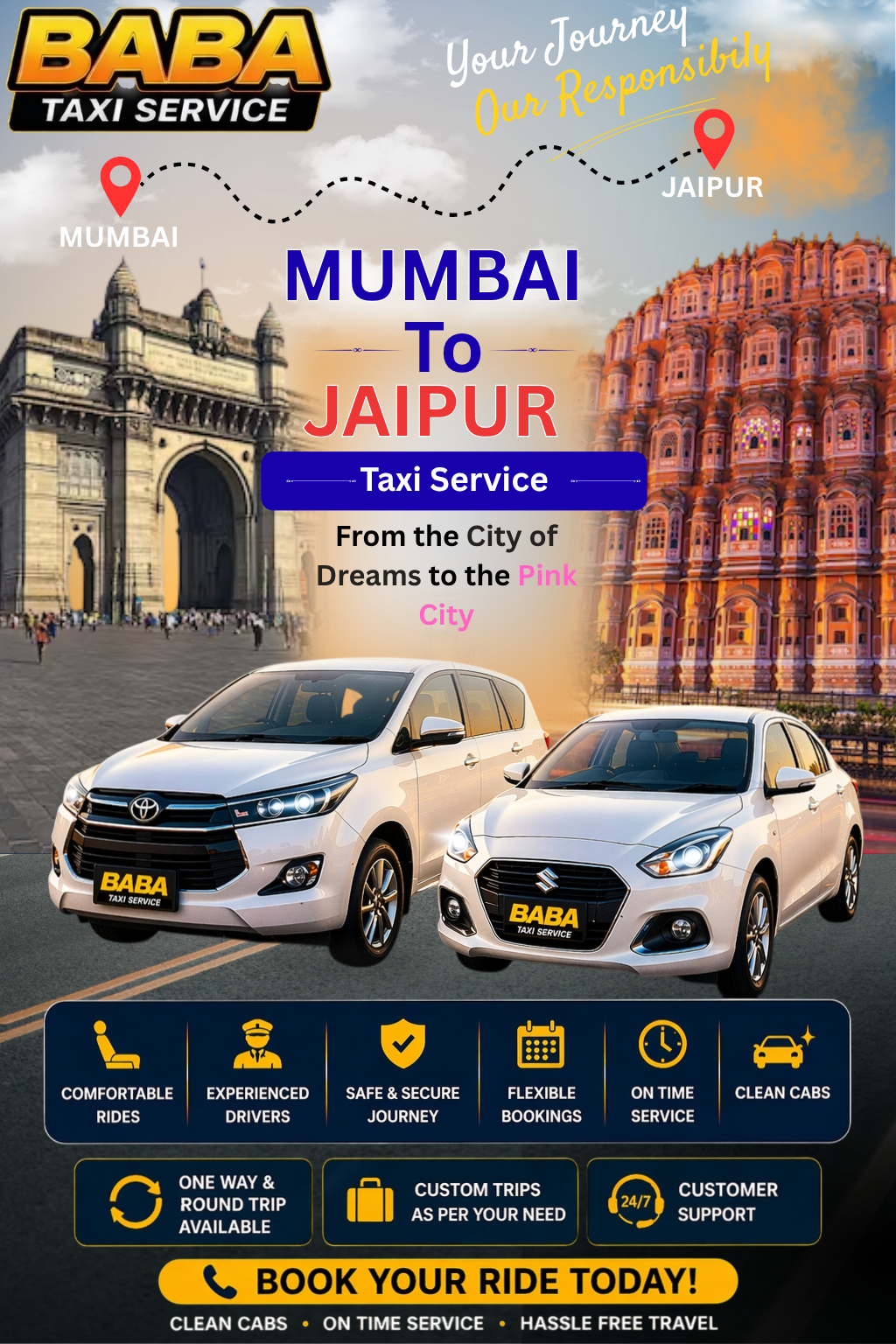 Mumbai to Jaipur taxi service – AC one way cab booking