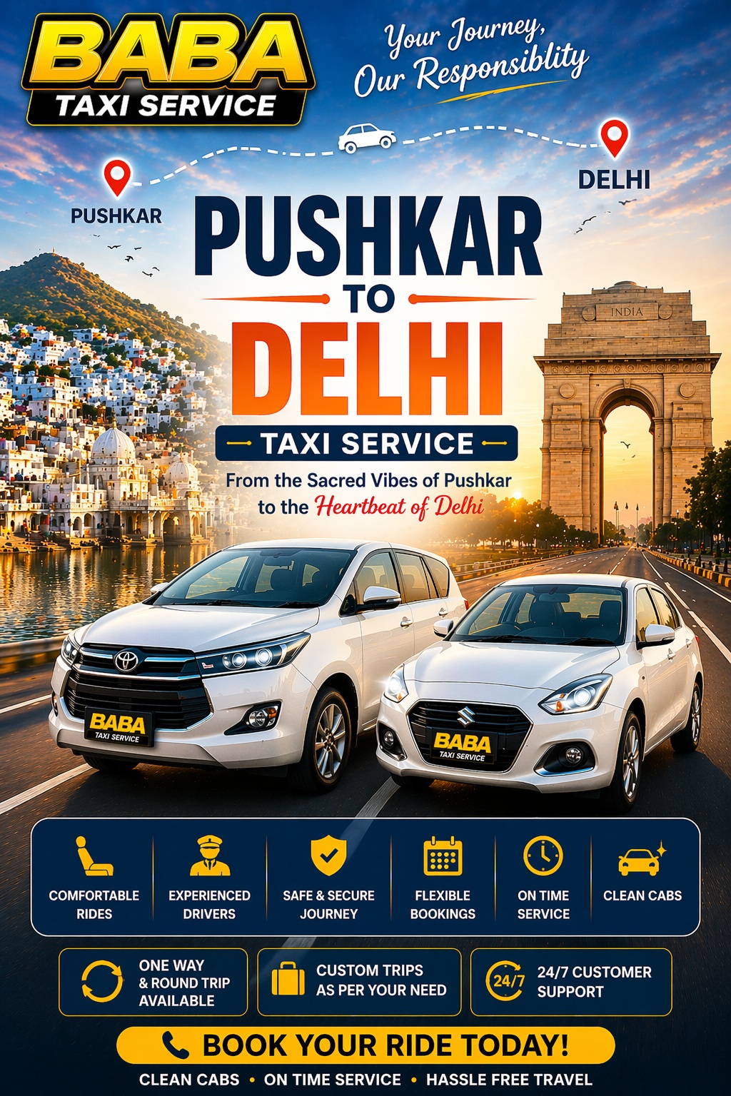 Pushkar to Delhi taxi cab service – AC one way cab
