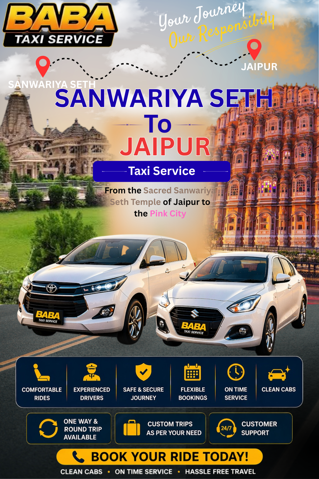 Sanwariya Seth to Jaipur taxi service – AC one way cab booking