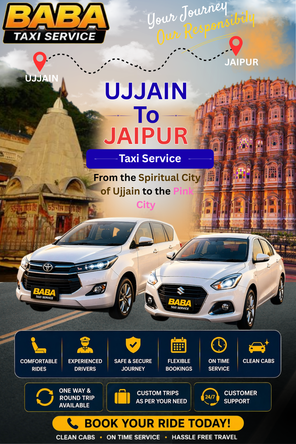 Ujjain to Jaipur taxi service – AC one way cab booking