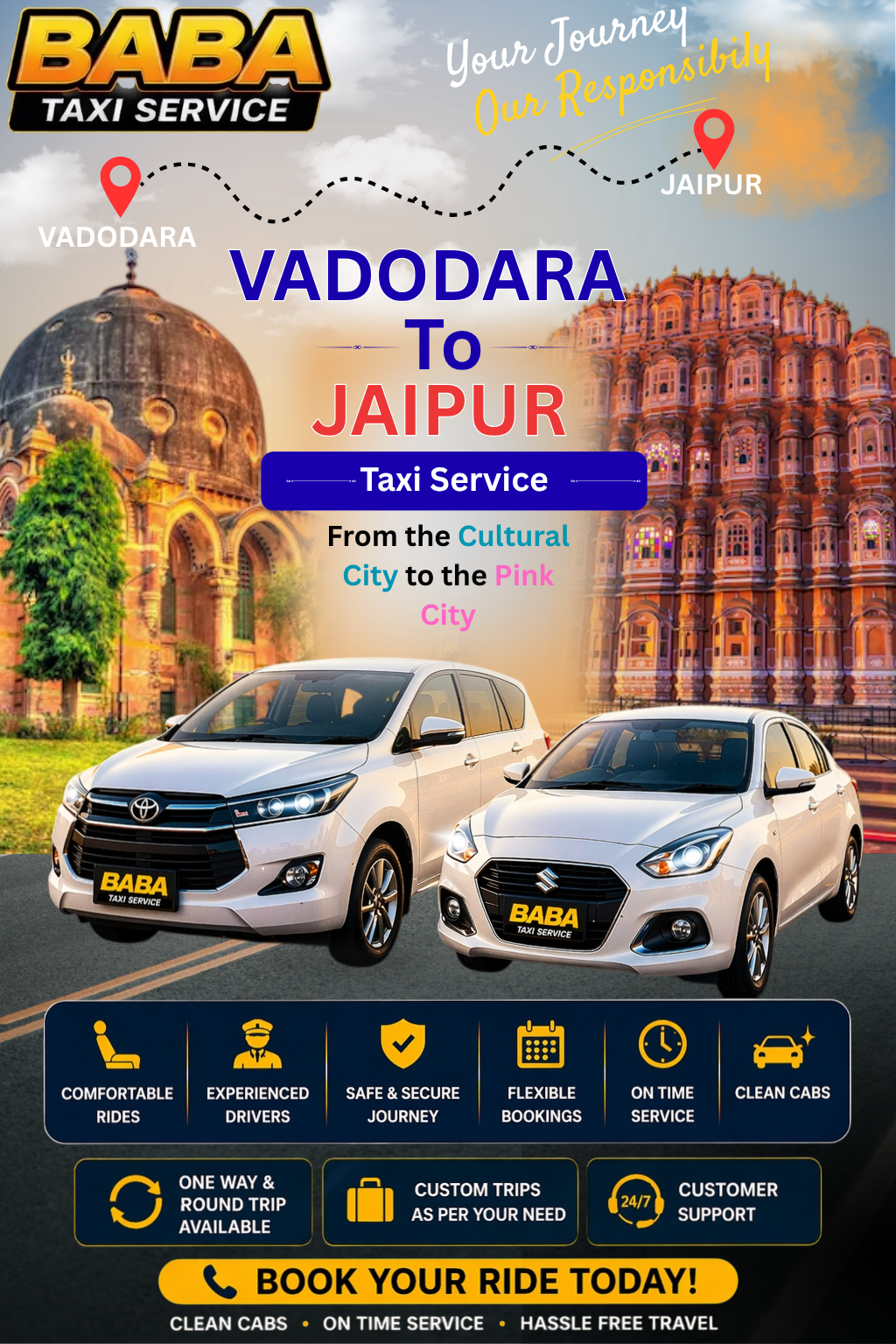 Vadodara to Jaipur taxi service – AC one way cab booking